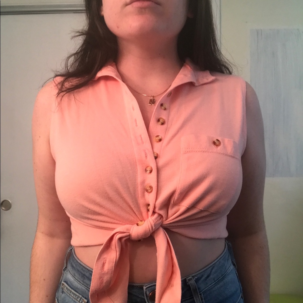 Collared button up coral crop top